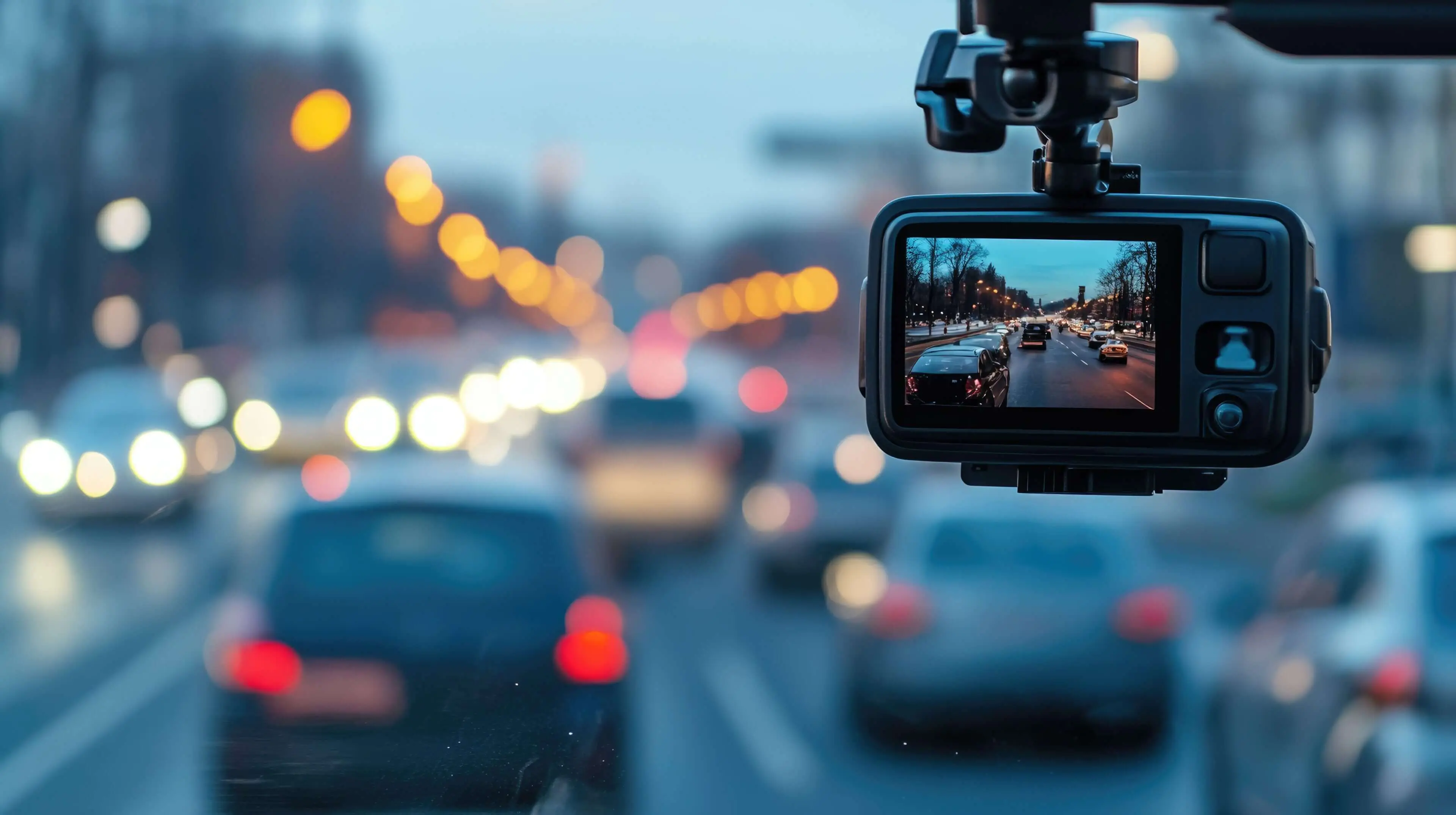A dashboard camera capturing a busy city street with blurred traffic lights.